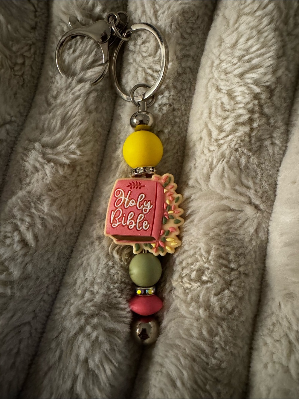 Pink Holy Bible Keychain Charm with Multicolor Beads
